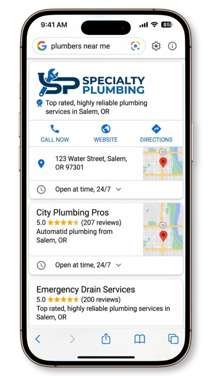 Google search for plumbers near me showing Specialty Plumbing as the top result