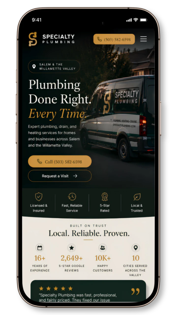 Specialty Plumbing website rendered on a phone